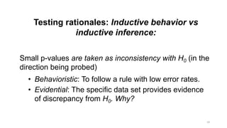 10
Testing rationales: Inductive behavior vs
inductive inference:
Small p-values are taken as inconsistency with H0 (in the
direction being probed)
• Behavioristic: To follow a rule with low error rates.
• Evidential: The specific data set provides evidence
of discrepancy from H0. Why?
 
