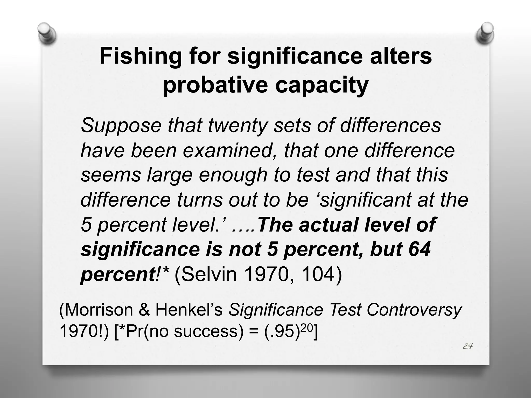 Fishing for significance alters
probative capacity
Suppose that twenty sets of differences
have been examined, that one difference
seems large enough to test and that this
difference turns out to be ‘significant at the
5 percent level.’ ….The actual level of
significance is not 5 percent, but 64
percent!* (Selvin 1970, 104)
(Morrison & Henkel’s Significance Test Controversy
1970!) [*Pr(no success) = (.95)20]
24
 