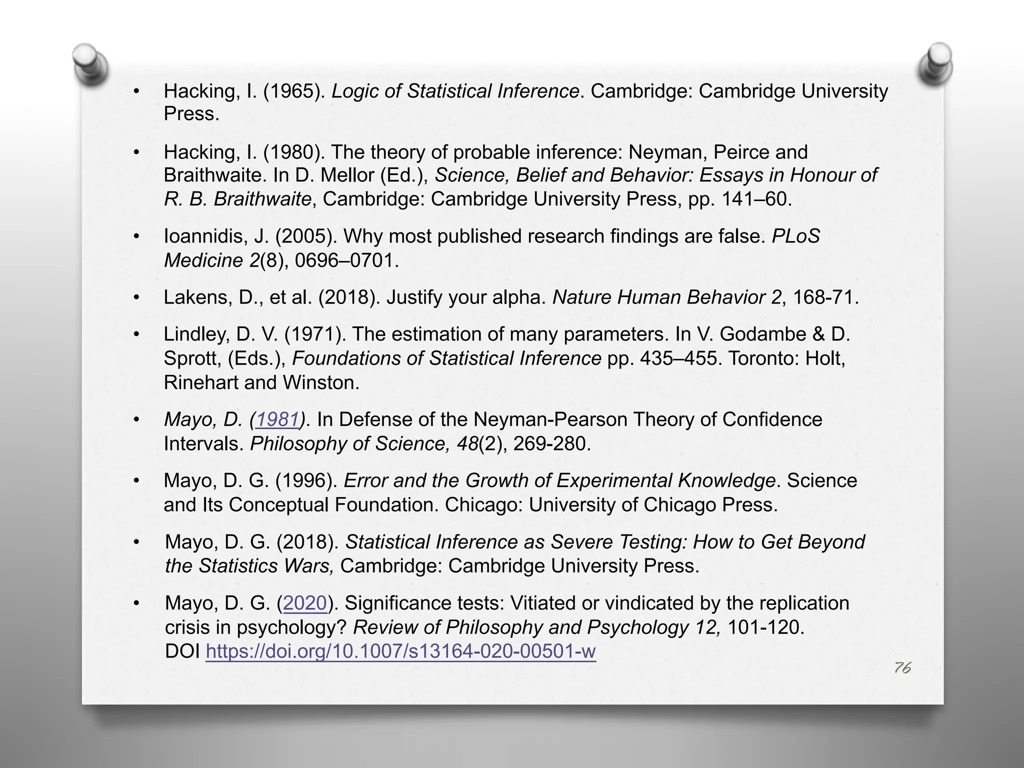 • Hacking, I. (1965). Logic of Statistical Inference. Cambridge: Cambridge University
Press.
• Hacking, I. (1980). The theory of probable inference: Neyman, Peirce and
Braithwaite. In D. Mellor (Ed.), Science, Belief and Behavior: Essays in Honour of
R. B. Braithwaite, Cambridge: Cambridge University Press, pp. 141–60.
• Ioannidis, J. (2005). Why most published research findings are false. PLoS
Medicine 2(8), 0696–0701.
• Lakens, D., et al. (2018). Justify your alpha. Nature Human Behavior 2, 168-71.
• Lindley, D. V. (1971). The estimation of many parameters. In V. Godambe & D.
Sprott, (Eds.), Foundations of Statistical Inference pp. 435–455. Toronto: Holt,
Rinehart and Winston.
• Mayo, D. (1981). In Defense of the Neyman-Pearson Theory of Confidence
Intervals. Philosophy of Science, 48(2), 269-280.
• Mayo, D. G. (1996). Error and the Growth of Experimental Knowledge. Science
and Its Conceptual Foundation. Chicago: University of Chicago Press.
• Mayo, D. G. (2018). Statistical Inference as Severe Testing: How to Get Beyond
the Statistics Wars, Cambridge: Cambridge University Press.
• Mayo, D. G. (2020). Significance tests: Vitiated or vindicated by the replication
crisis in psychology? Review of Philosophy and Psychology 12, 101-120.
DOI https://doi.org/10.1007/s13164-020-00501-w
76
 