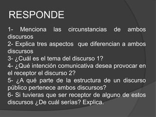 RESPONDE
1- Menciona las circunstancias de ambos
discursos
2- Explica tres aspectos que diferencian a ambos
discursos
3- ¿Cuál es el tema del discurso 1?
4- ¿Qué intención comunicativa desea provocar en
el receptor el discurso 2?
5- ¿A qué parte de la estructura de un discurso
público pertenece ambos discursos?
6- Si tuvieras que ser receptor de alguno de estos
discursos ¿De cuál serías? Explica.
 
