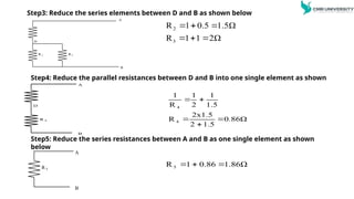 Step3: Reduce the series elements between D and B as shown below
A
B
D
R 2
R 3
2
3
R 1 0.5 1.5Ω
R 1 1 2Ω
  
  
Step4: Reduce the parallel resistances between D and B into one single element as shown
A
B
D
R 4
Step5: Reduce the series resistances between A and B as one single element as shown
below
A
B
R 5
1.86Ω
0.86
1
R 5 


0.86Ω
1.5
2
2x1.5
R
1.5
1
2
1
R
1
4
4





 