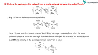 D . Reduce the series parallel network into a single network between the nodes X and Y
X

2

6 
3

6

1

2 
3

2 
2
Y
Step1: Name the different nodes as shown below
X

2

6 
3

6

1

2 
3

2 
2
Y
M
N
Step2: Reduce the series elements between X and M into one single element and also reduce the series
elements between N and Y into one single element as shown below (All the resistances are in series between
X and M and similarly all the resistances between N and Y are in series)
X
Y

6

6

6

6
M
N

3
 