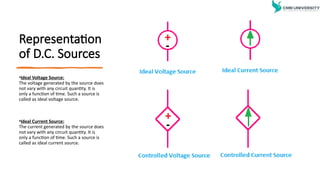 Representation
of D.C. Sources
•Ideal Voltage Source:
The voltage generated by the source does
not vary with any circuit quantity. It is
only a function of time. Such a source is
called as ideal voltage source.
•Ideal Current Source:
The current generated by the source does
not vary with any circuit quantity. It is
only a function of time. Such a source is
called as ideal current source.
 