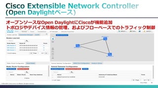 Cisco Public 
29 
© 2013-2014 Cisco and/or its affiliates. All rights reserved. 
オープンソースなOpen DaylightにCiscoが機能追加 
トポロジやデバイス情報の管理、およびフローベースでのトラフィック制御  