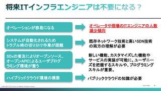 Cisco Public 
38 
© 2013-2014 Cisco and/or its affiliates. All rights reserved. 
オペレーションが容易になる 
オペレータや現場のITエンジニアの人数 減少傾向 
システムが自動化されるため トラブル時の切り分け作業が困難 
既存ネットワーク技術と高いSDN技術 の両方の理解が必要 
SDxの普及によりオープンソース、 オープンAPIによるユーザプログ ラミング環境が整う 
新しい機能、カスタマイズした機能や サービスの実装が可能に。ユーザニー ズを把握するスキルや、プログラミング スキルが重要。 
ハイブリッドクラウド環境の構築 
パブリッククラウドの知識が必要  