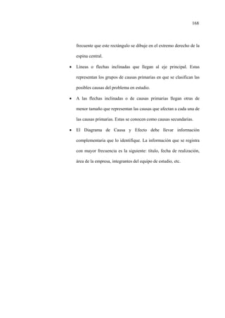 168
frecuente que este rectángulo se dibuje en el extremo derecho de la
espina central.
• Líneas o flechas inclinadas que llegan al eje principal. Estas
representan los grupos de causas primarias en que se clasifican las
posibles causas del problema en estudio.
• A las flechas inclinadas o de causas primarias llegan otras de
menor tamaño que representan las causas que afectan a cada una de
las causas primarias. Estas se conocen como causas secundarias.
• El Diagrama de Causa y Efecto debe llevar información
complementaria que lo identifique. La información que se registra
con mayor frecuencia es la siguiente: título, fecha de realización,
área de la empresa, integrantes del equipo de estudio, etc.
 