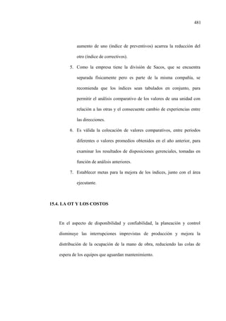 481
aumento de uno (índice de preventivos) acarrea la reducción del
otro (índice de correctivos).
5. Como la empresa tiene la división de Sacos, que se encuentra
separada físicamente pero es parte de la misma compañía, se
recomienda que los índices sean tabulados en conjunto, para
permitir el análisis comparativo de los valores de una unidad con
relación a las otras y el consecuente cambio de experiencias entre
las direcciones.
6. Es válida la colocación de valores comparativos, entre períodos
diferentes o valores promedios obtenidos en el año anterior, para
examinar los resultados de disposiciones gerenciales, tomadas en
función de análisis anteriores.
7. Establecer metas para la mejora de los índices, junto con el área
ejecutante.
15.4. LA OT Y LOS COSTOS
En el aspecto de disponibilidad y confiabilidad, la planeación y control
disminuye las interrupciones imprevistas de producción y mejora la
distribución de la ocupación de la mano de obra, reduciendo las colas de
espera de los equipos que aguardan mantenimiento.
 