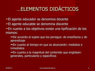 …ELEMENTOS DIDÁCTICOS
El agente educador se denomina docente
El agente educable se denomina discente
En cuanto a los objetivos existe una tipificación de los
mismos:
     De acuerdo al sujeto que los persigue: de enseñanza y de
     aprendizaje
     En cuanto al tiempo en que se alcanzarán: mediatos e
     inmediatos
     En cuanto a la magnitud del contenido que engloban:
     generales, particulares y específicos



30/06/12                  Universidad Bonaterra                  6
 