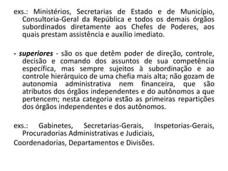 exs.: Ministérios, Secretarias de Estado e de Município,
  Consultoria-Geral da República e todos os demais órgãos
  subordinados diretamente aos Chefes de Poderes, aos
  quais prestam assistência e auxílio imediato.

- superiores - são os que detêm poder de direção, controle,
   decisão e comando dos assuntos de sua competência
   específica, mas sempre sujeitos à subordinação e ao
   controle hierárquico de uma chefia mais alta; não gozam de
   autonomia administrativa nem financeira, que são
   atributos dos órgãos independentes e do autônomos a que
   pertencem; nesta categoria estão as primeiras repartições
   dos órgãos independentes e dos autônomos.

exs.: Gabinetes, Secretarias-Gerais, Inspetorias-Gerais,
  Procuradorias Administrativas e Judiciais,
Coordenadorias, Departamentos e Divisões.
 