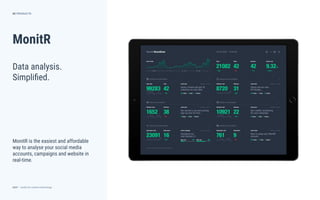 dctrl — studio for creative technology
MonitR
MonitR is the easiest and affordable
way to analyse your social media
accounts, campaigns and website in
real-time.
62
Data analysis.
Simpliﬁed.
PRODUCTS
 