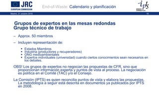 Grupo técnico de trabajo  Approx. 50 miembros Incluyen representación de:  Estados Miembros Industria (productores y recuperadores) ONG medioambientales Expertos individuales (universidad) cuando ciertos conocimientos sean necesarios en los debates. OBS! Los grupos de expertos no negocian las propuestas de CFR, sino que  proporcionan información experta y puntos de vista al proceso. La negociación es política en el Comité (TAC) y/o el Consejo. La Comisión (IPTS) es quien reconcilia puntos de vista y elabora las propuestas. La metodología a seguir está descrita en documentos ya publicados por IPTS en 2008.  End-of-Waste:  Calendario y planificación Grupos de expertos en las mesas redondas 