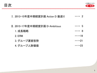 目次
1
Ⅰ. 2013-15年度中期経営計画 Action D 振返り
Ⅱ. 2015-17年度中期経営計画 D-Ambitious
1. 成長戦略
2. ERM
3. グループ運営態勢
4. グループ人財価値
・・・・ 2
・・・・ 5
・・・・ 8
・・・・19
・・・・21
・・・・23
 