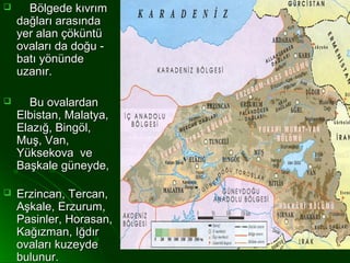      Bölgede kıvrım
    dağları arasında
    yer alan çöküntü
    ovaları da doğu -
    batı yönünde
    uzanır.

     Bu ovalardan
    Elbistan, Malatya,
    Elazığ, Bingöl,
    Muş, Van,
    Yüksekova ve
    Başkale güneyde,

   Erzincan, Tercan,
    Aşkale, Erzurum,
    Pasinler, Horasan,
    Kağızman, Iğdır
    ovaları kuzeyde
    bulunur.
 
