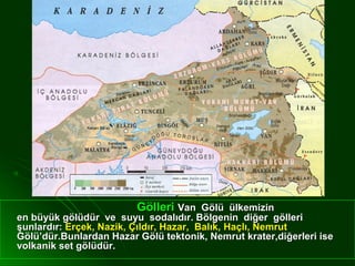 Gölleri Van Gölü ülkemizin
en büyük gölüdür ve suyu sodalıdır. Bölgenin diğer gölleri
şunlardır: Erçek, Nazik, Çıldır, Hazar, Balık, Haçlı, Nemrut
Gölü’dür.Bunlardan Hazar Gölü tektonik, Nemrut krater,diğerleri ise
volkanik set gölüdür.
 