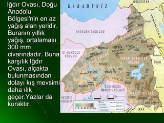 Iğdır Ovası, Doğu
Anadolu
Bölgesi'nin en az
yağış alan yeridir.
Buranın yıllık
yağış, ortalaması
300 mm
civarındadır. Buna
karşılık Iğdır
Ovası, alçakta
bulunmasından
dolayı kış mevsimi
daha ılık
geçer.Yazlar da
kuraktır.
 
