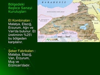 Bölgedeki
Başlıca Sanayi
Kuruluşları

Et Kombinaları :
Malatya, Elazığ,
Erzurum, Ağrı ve
Van'da bulunur. Et
üretiminin %25'i
bu bölgeden
karşılanır.

Şeker Fabrikaları :
Malatya, Elazığ,
Van, Erzurum,
Muş ve
Erzincan'dadır.
 