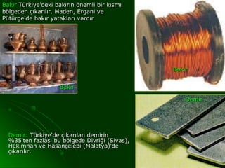 Bakır Türkiye'deki bakırın önemli bir kısmı
bölgeden çıkarılır. Maden, Ergani ve
Pütürge'de bakır yatakları vardır




                                                Bakır


                    Bakır

                                                    Demir




  Demir: Türkiye'de çıkarılan demirin
  %35'ten fazlası bu bölgede Divriği (Sivas),
  Hekimhan ve Hasançelebi (Malatya)'de
  çıkarılır.
 