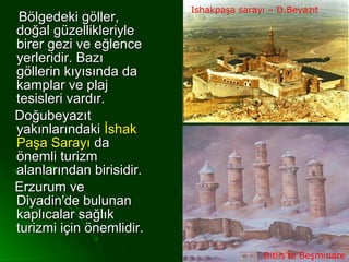 Ishakpaşa sarayı – D.Beyazıt
 Bölgedeki göller,
doğal güzellikleriyle
birer gezi ve eğlence
yerleridir. Bazı
göllerin kıyısında da
kamplar ve plaj
tesisleri vardır.
Doğubeyazıt
yakınlarındaki İshak
Paşa Sarayı da
önemli turizm
alanlarından birisidir.
Erzurum ve
Diyadin'de bulunan
kaplıcalar sağlık
turizmi için önemlidir.
                                          Bitlis’te Beşminare
 