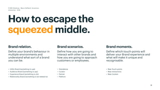 Brand relation.
Define your brand’s behaviour in
multiple environments and
understand what sort of a brand
you can be.
21
How to escape the
squeezed middle.
D-B2B Göteborg - Mauro Boffardi, Accenture
Interactive · 2018
Brand scenarios.
Define how you are going to
interact with other brands and
how you are going to approach
customers or employees.
• Utility Brand (something to use)
• Audience Brand (something to say)
• Experience Brand (something to do)
• Relationship Brand (something to be related to)
• Standalone
• Curator
• Partner
• Platform
Brand moments.
Define which touch-points will
deliver your Brand experience and
what will make it unique and
recognisable.
• New Touch.points
• New interactions
• New Context
 