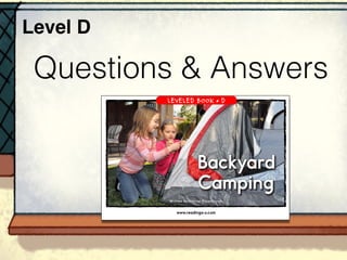 www.readinga-z.com
LEVELED BOOK • D
Written by Harriet Rosenbloom
Backyard
Camping
Questions & Answers
Level D
 