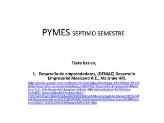 PYMES SEPTIMO SEMESTRE

                           Texto básico,

  1. Desarrollo de emprendedores, (DEMAC) Desarrollo
         Empresarial Mexicano A.C., Mc Graw Hill.
http://books.google.com.mx/books?id=DWOvfppvWn4C&pg=PA133&lpg=PA133
&dq=Desarrollo+de+emprendedores,+(DEMAC)+Desarrollo+Empresarial+Mexic
ano+A.C.,+Mc+Graw+Hill.&source=bl&ots=NHcTqEnwHw&sig=M0YN1Ayz-
SRhCbf5j-3bcpNQOLw&hl=es&sa=X&ei=-
ZopUIyEILO5yQHTu4HICA&ved=0CDQQ6AEwAA#v=onepage&q=Desarrollo%20d
e%20emprendedores%2C%20(DEMAC)%20Desarrollo%20Empresarial%20Mexic
ano%20A.C.%2C%20Mc%20Graw%20Hill.&f=false
 