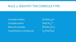 RULE 1: IDENTIFYTHE COMPLEXTYPE
Complex Cation [Co(NH3)6]+3
Complex anion [Ni(CN)4]-2
Neutral complex [Pt(NH3)Cl4]
Coordination compound K4[Fe(CN)6]
 