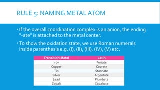 RULE 5: NAMING METAL ATOM
If the overall coordination complex is an anion, the ending
"-ate" is attached to the metal center.
To show the oxidation state, we use Roman numerals
inside parenthesis e.g. (I), (II), (III), (IV), (V) etc.
Transition Metal Latin
Iron Ferrate
Copper Cuprate
Tin Stannate
Silver Argentate
Lead Plumbate
Cobalt Cobaltate
 