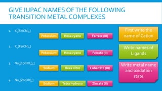 GIVE IUPAC NAMES OFTHE FOLLOWING
TRANSITION METAL COMPLEXES
1. K3[Fe(CN)6]
2. K4[Fe(CN)6]
3. Na3[Co(NO2)6]
4. Na2[Zn(OH)4]
First write the
name of CationPotassium
Potassium
Sodium
Sodium
Write names of
Ligands
Hexa cyano
Hexa cyano
Hexa nitro
Tetra hydroxo
Write metal name
and oxidation
state
Ferrate (III)
Ferrate (II)
Cobaltate (III)
Zincate (II)
 