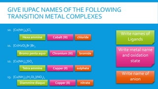 GIVE IUPAC NAMES OFTHE FOLLOWING
TRANSITION METAL COMPLEXES
10. [Co(NH3)6]Cl3
11. [Cr(H2O)5Br ]Br2
12. [Cu(NH3)4]SO4
13. [Cu(NH3)2(H2O)2](NO3)2
Write names of
Ligands
Write metal name
and oxidation
state
Write name of
anion
Hexa ammine
Bromo penta aquo
Tetra ammine
Diammine diaquo
Cobalt (III)
Chromium (III)
Copper (II)
Copper (II)
chloride
bromide
sulphate
nitrate
 