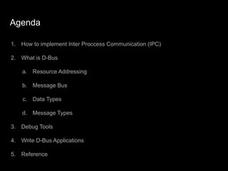 Agenda
1. How to implement Inter Proccess Communication (IPC)
2. What is D-Bus
a. Resource Addressing
b. Message Bus
c. Data Types
d. Message Types
3. Debug Tools
4. Write D-Bus Applications
5. Reference
 
