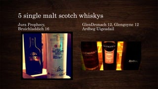 5 single malt scotch whiskys
Jura Prophecy,
Bruichladdich 16
GlenDronach 12, Glengoyne 12
Ardbeg Uigeadail
 
