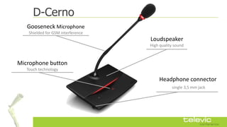 D-Cerno
   Gooseneck Microphone
    Shielded for GSM interference
                                    Loudspeaker
                                    High quality sound



Microphone button
   Touch technology

                                        Headphone connector
                                               single 3,5 mm jack
 