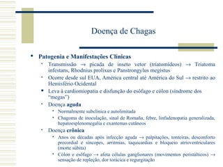 Doença de Chagas

 Patogenia e Manifestações Clínicas
      Transmissão → picada de inseto vetor (triatomídeos) → Triatoma
       infestans, Rhodnius prolixus e Panstrongylus megistus
      Ocorre desde sul EUA, América central até América do Sul → restrito ao
       Hemisfério Ocidental
      Leva à cardiomiopatia e disfunção do esôfago e cólon (síndrome dos
       “megas”)
      Doença aguda
           Normalmente subclínica e autolimitada
           Chagoma de inoculação, sinal de Romaña, febre, linfadenopatia generalizada,
            hepatoesplenomegalia e exantemas cutâneos
      Doença crônica
           Anos ou décadas após infecção aguda → palpitações, tonteiras, desconforto
            precordial e síncopes, arritmias, taquicardias e bloqueio atrioventriculares
            (morte súbita)
           Cólon e esôfago → afeta células ganglionares (movimentos peristálticos) →
            sensação de repleção, dor torácica e regurgitação
 