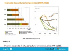 Evolução das culturas temporárias (1989-2019)
Exercício
- Descreve a evolução da SAU, por culturas temporárias, entre 2009 e 2019.
 