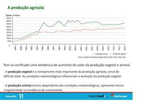 A produção agrícola
Tem-se veriﬁcado uma tendência de aumento do valor da produção vegetal e animal.
- A produção vegetal é a componente mais importante da produção agrícola, cerca de
60% do total. As condições meteorológicas inﬂuenciam a evolução da produção vegetal.
- A produção animal,menos dependente das condições meteorológicas, apresenta menor
irregularidade na tendência de crescimento.
 