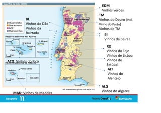 EDM
Vinhos verdes
TM
Vinhos do Douro (incl.
Vinho do Porto)
Vinhos de TM
BI
Vinhos da Beira I.
RO
Vinhos do Tejo
Vinhos de Lisboa
Vinhos de
Setúbal
ALT
Vinhos do
Alentejo
ALG
Vinhos do Algarve
BL
Vinhos do Dão
Vinhos da
Bairrada
AÇO: Vinhos do Pico
MAD: Vinhos da Madeira
 