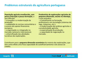 Problemas estruturais da agricultura portuguesa
6
População agrícola envelhecida, com
pouca instrução e pouca formação, o
que diﬁculta:
- a inovação e a modernização da
produção;
- a adaptação às normas comunitárias e
o acesso aos apoios ﬁnanceiros
europeus;
- a organização e a integração no
mercado nacional e internacional;
- a diversiﬁcação das a vidades
lucra vas das explorações.
Predomínio de explorações agrícolas de
pequena dimensão, exceto no Alentejo,
o que prejudica:
- o inves mento na formação
proﬁssional e em tecnologia (sistemas de
rega, máquinas, etc.);
- a modernização das prá cas agrícolas e
a produ vidade agrícola;
- a especialização da produção;
- a capacidade de negociação no
mercado.
Contribuem para a pequena dimensão económica da maioria das explorações, que
tem como efeito uma fraca capacidade de autoﬁnanciamento e de acesso ao
crédito.
 