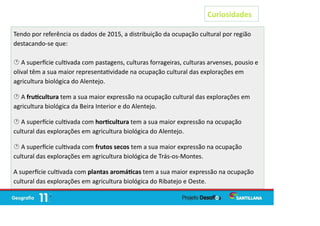 Tendo por referência os dados de 2015, a distribuição da ocupação cultural por região
destacando-se que:
 A super cie cul vada com pastagens, culturas forrageiras, culturas arvenses, pousio e
olival têm a sua maior representa vidade na ocupação cultural das explorações em
agricultura biológica do Alentejo.
 A fru cultura tem a sua maior expressão na ocupação cultural das explorações em
agricultura biológica da Beira Interior e do Alentejo.
 A super cie cul vada com hor cultura tem a sua maior expressão na ocupação
cultural das explorações em agricultura biológica do Alentejo.
 A super cie cul vada com frutos secos tem a sua maior expressão na ocupação
cultural das explorações em agricultura biológica de Trás-os-Montes.
A super cie cul vada com plantas aromá cas tem a sua maior expressão na ocupação
cultural das explorações em agricultura biológica do Ribatejo e Oeste.
Curiosidades
 