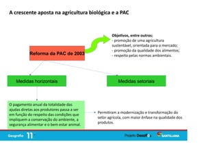 Reforma da PAC de 2003
Medidas horizontais Medidas setoriais
O pagamento anual da totalidade das
ajudas diretas aos produtores passa a ser
em função do respeito das condições que
impliquem a conservação do ambiente, a
segurança alimentar e o bem estar animal.
Permi ram a modernização e transformação do
setor agrícola, com maior ênfase na qualidade dos
produtos.
Obje vos, entre outros:
- promoção de uma agricultura
sustentável, orientada para o mercado;
- promoção da qualidade dos alimentos;
- respeito pelas normas ambientais.
A crescente aposta na agricultura biológica e a PAC
 