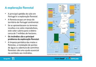 A exploração ﬂorestal
• A principal ap dão do solo em
Portugal é a exploração ﬂorestal.
• A ﬂoresta ocupa um terço do
território de Portugal con nental.
• Se se aproveitassem os terrenos
incultos e os solos improdu vos,
este valor subiria para o dobro:
cerca de 7 milhões de hectares.
• Os incêndios são o principal
problema da exploração ﬂorestal.
• A limpeza periódica das matas e
ﬂorestas, a instalação de pontos
de água e a abertura de caminhos
ﬂorestais são uma ajuda essencial
no combate aos incêndios.
72
 
