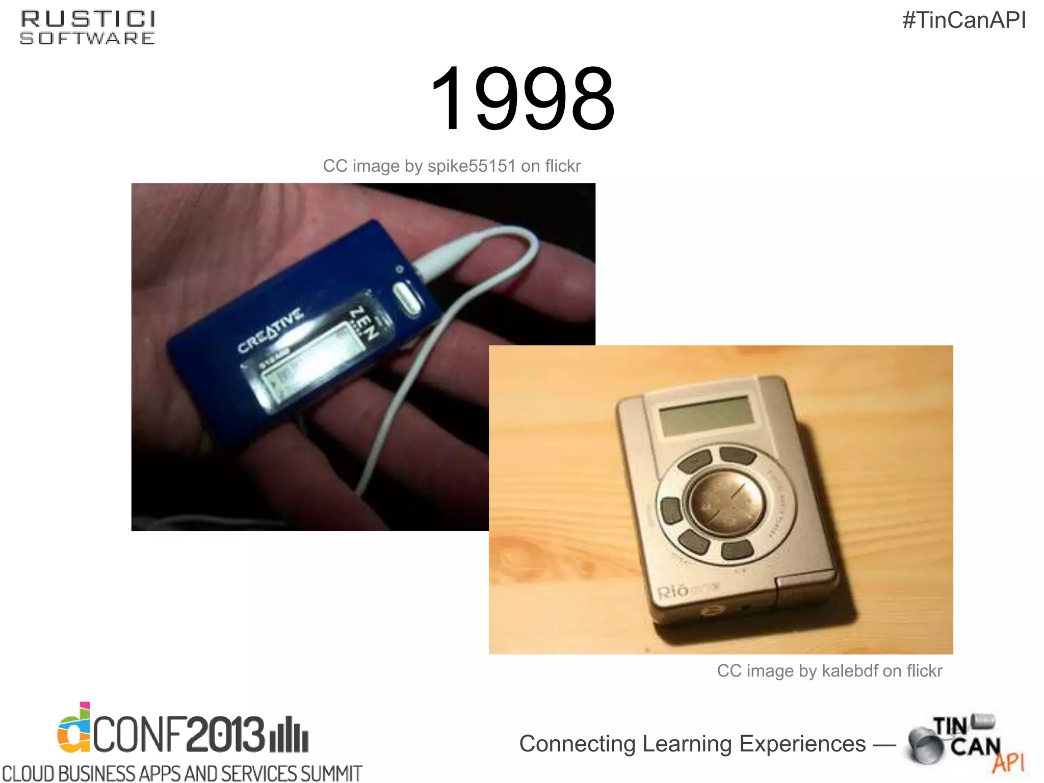 Connecting Learning Experiences —
#TinCanAPI
CC image by spike55151 on flickr
CC image by kalebdf on flickr
1998
 