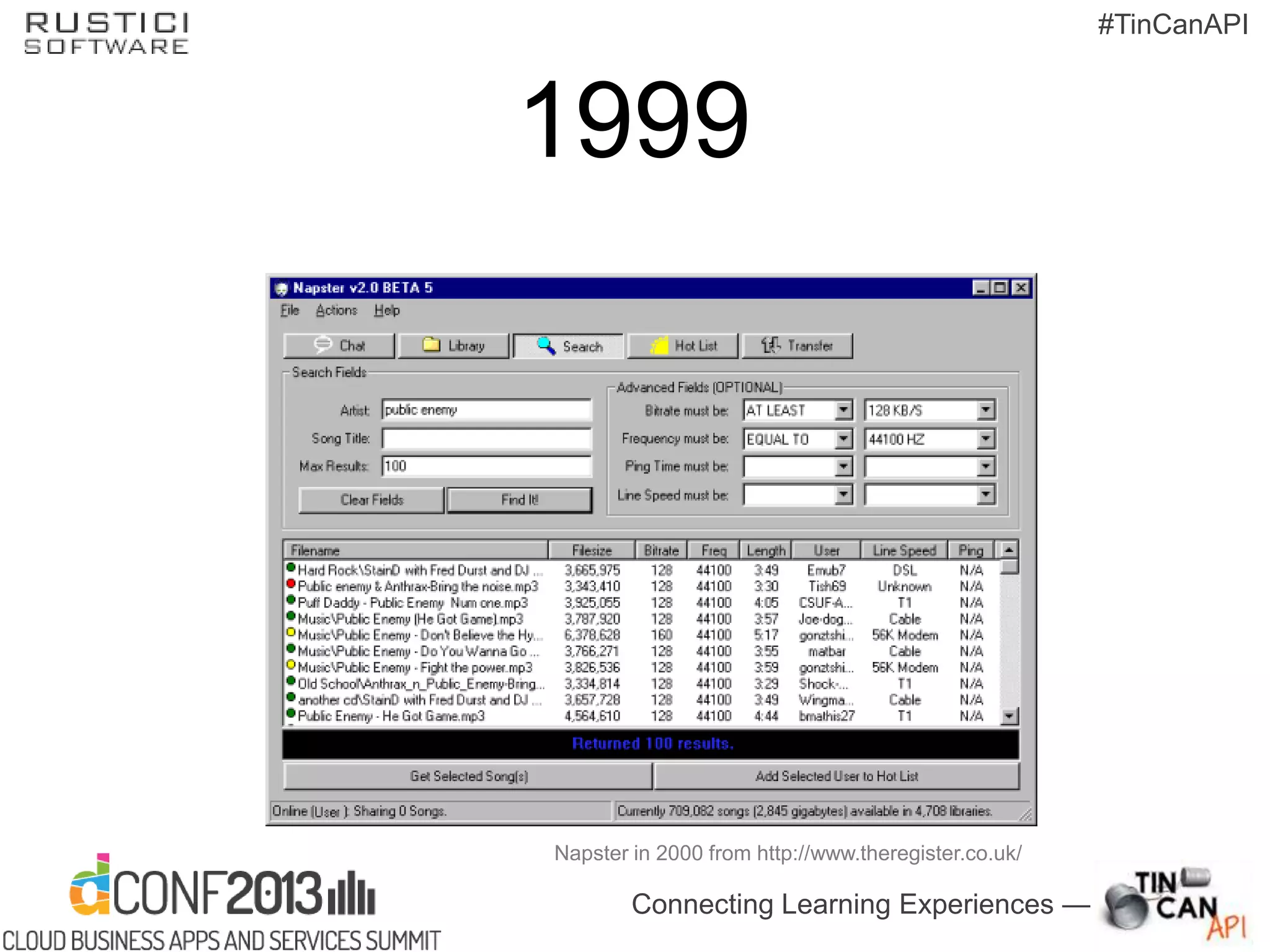 Connecting Learning Experiences —
#TinCanAPI
Napster in 2000 from http://www.theregister.co.uk/
1999
 