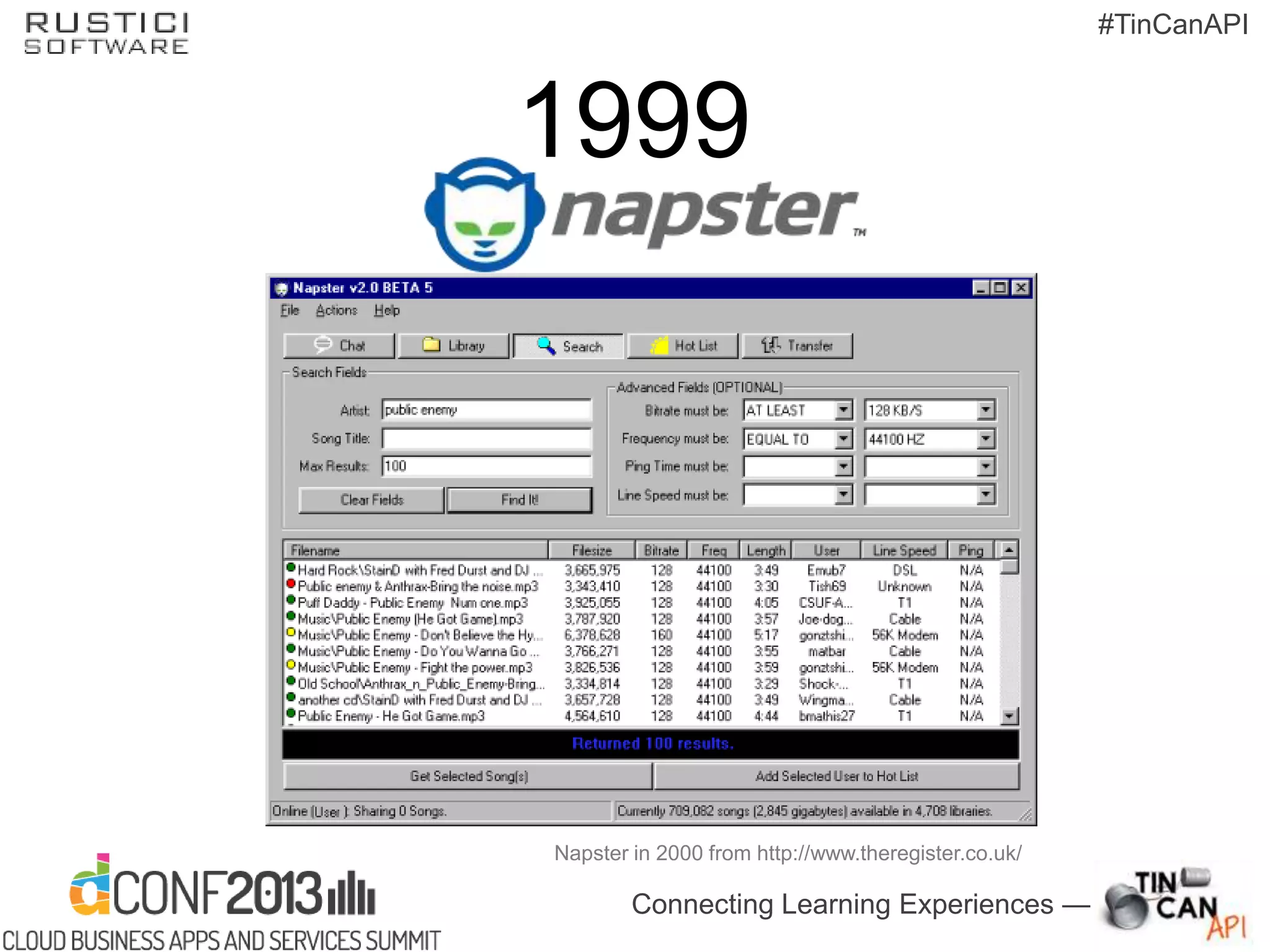 Connecting Learning Experiences —
#TinCanAPI
Napster in 2000 from http://www.theregister.co.uk/
1999
 