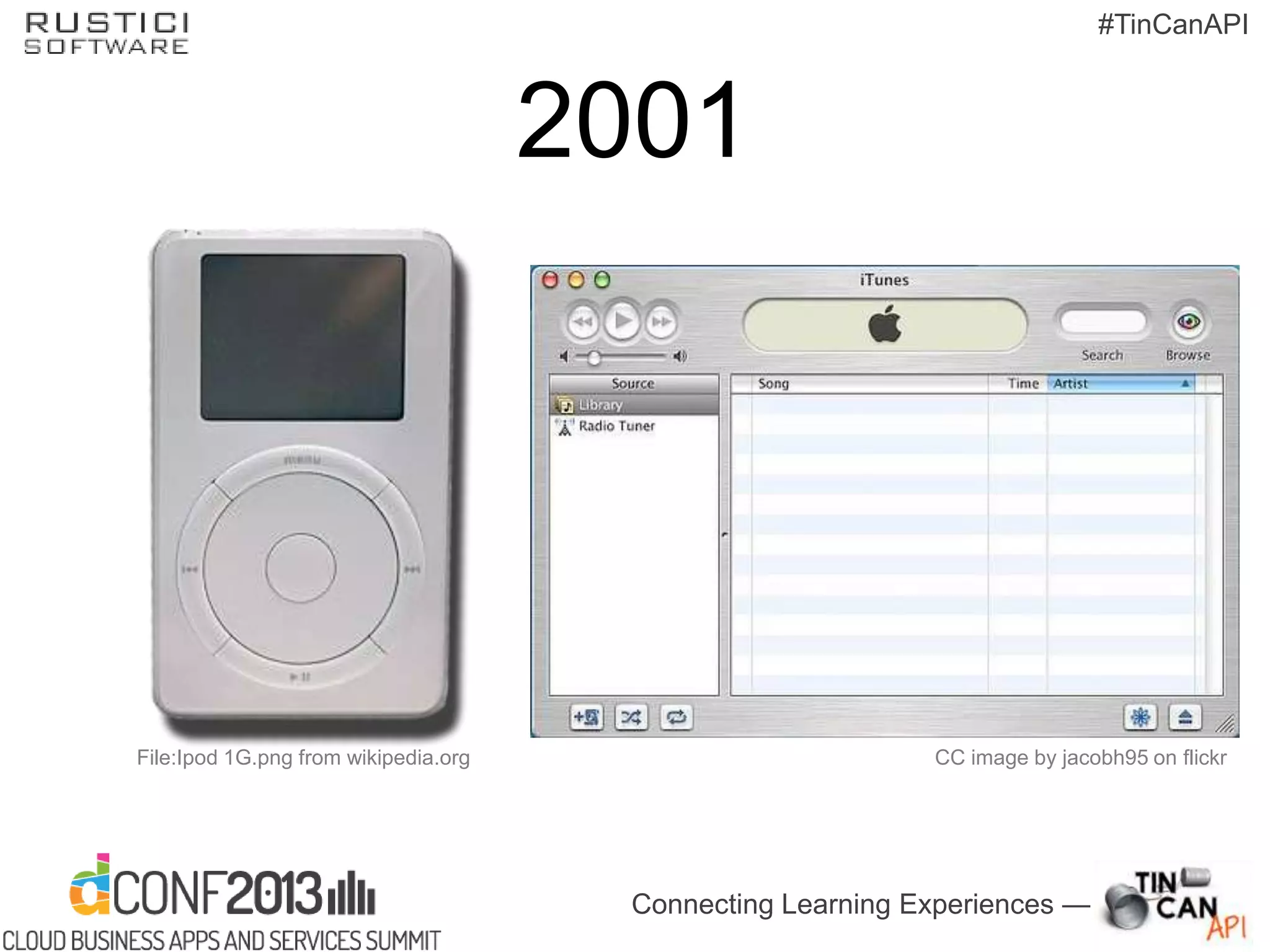 Connecting Learning Experiences —
#TinCanAPI
File:Ipod 1G.png from wikipedia.org CC image by jacobh95 on flickr
2001
 