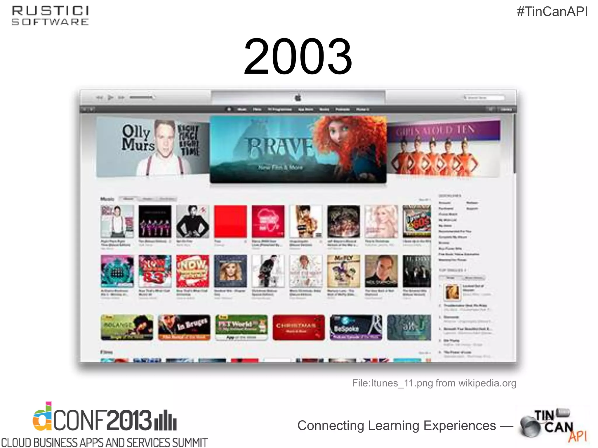 Connecting Learning Experiences —
#TinCanAPI
2003
File:Itunes_11.png from wikipedia.org
 