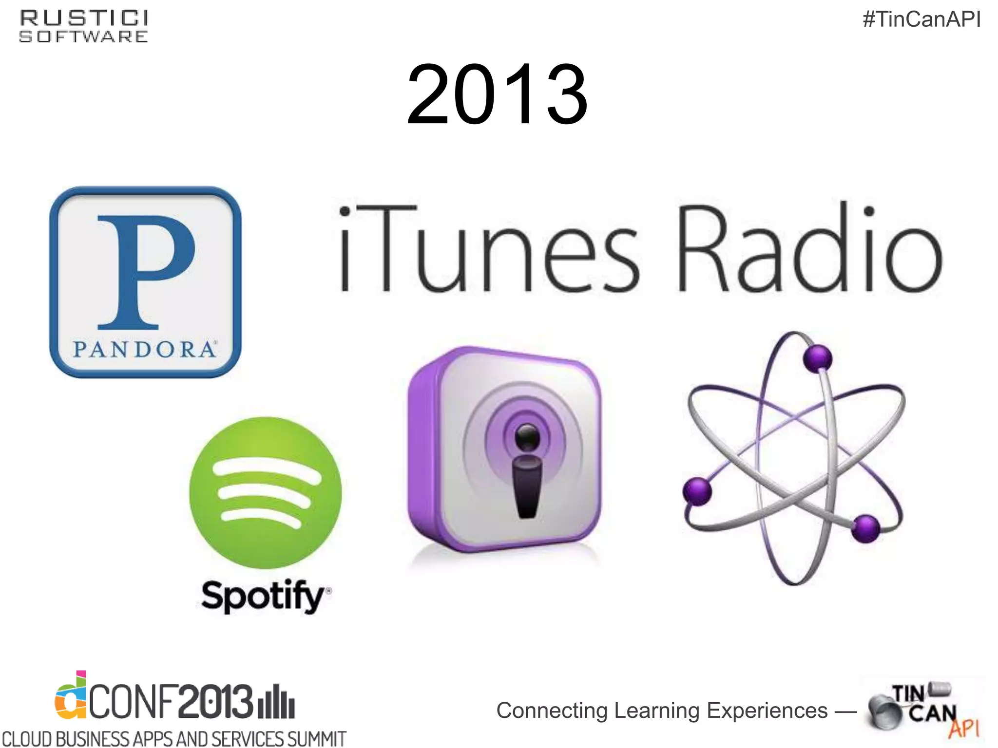 Connecting Learning Experiences —
#TinCanAPI
2013
 