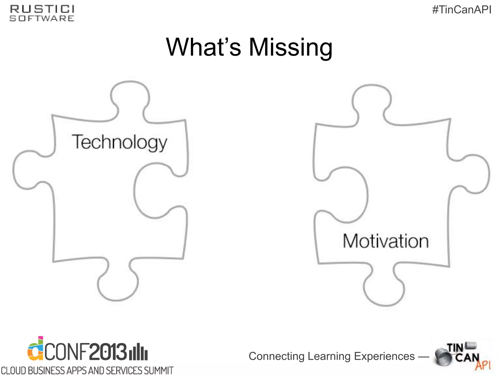 Connecting Learning Experiences —
#TinCanAPI
What’s Missing
 