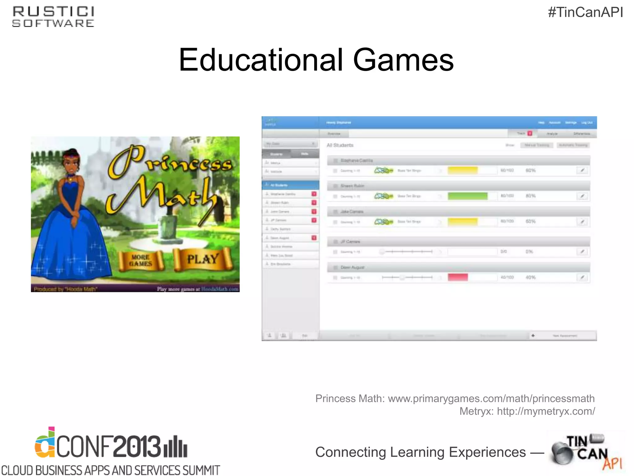 Connecting Learning Experiences —
#TinCanAPI
Educational Games
Princess Math: www.primarygames.com/math/princessmath
Metryx: http://mymetryx.com/
 