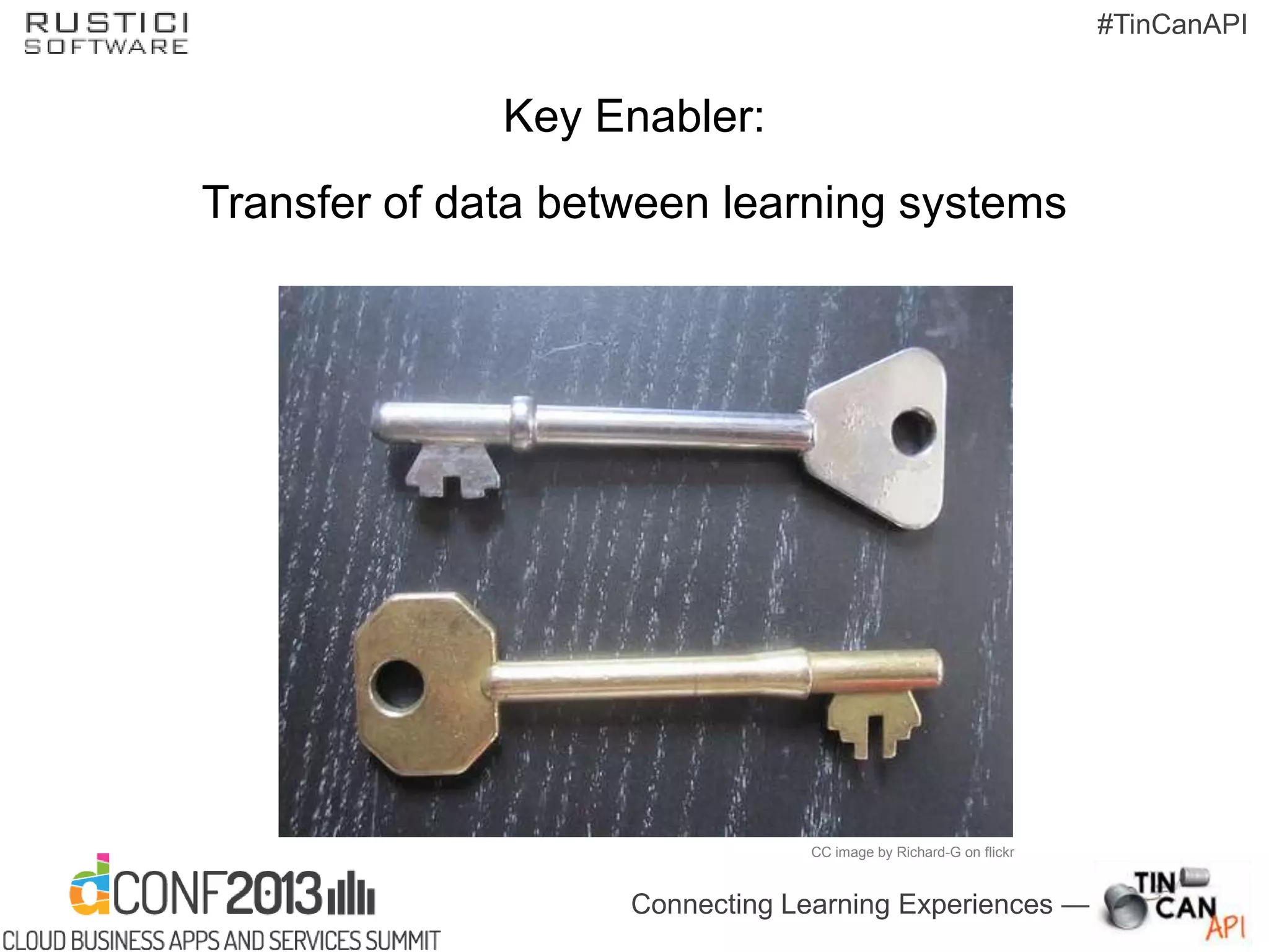 Connecting Learning Experiences —
#TinCanAPI
CC image by Richard-G on flickr
Key Enabler:
Transfer of data between learning systems
 