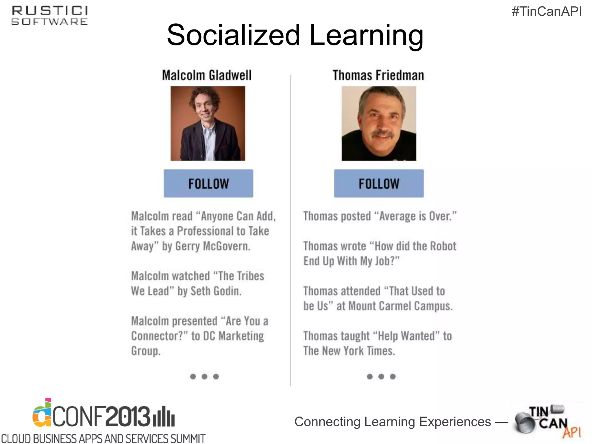Connecting Learning Experiences —
#TinCanAPI
Socialized Learning
 